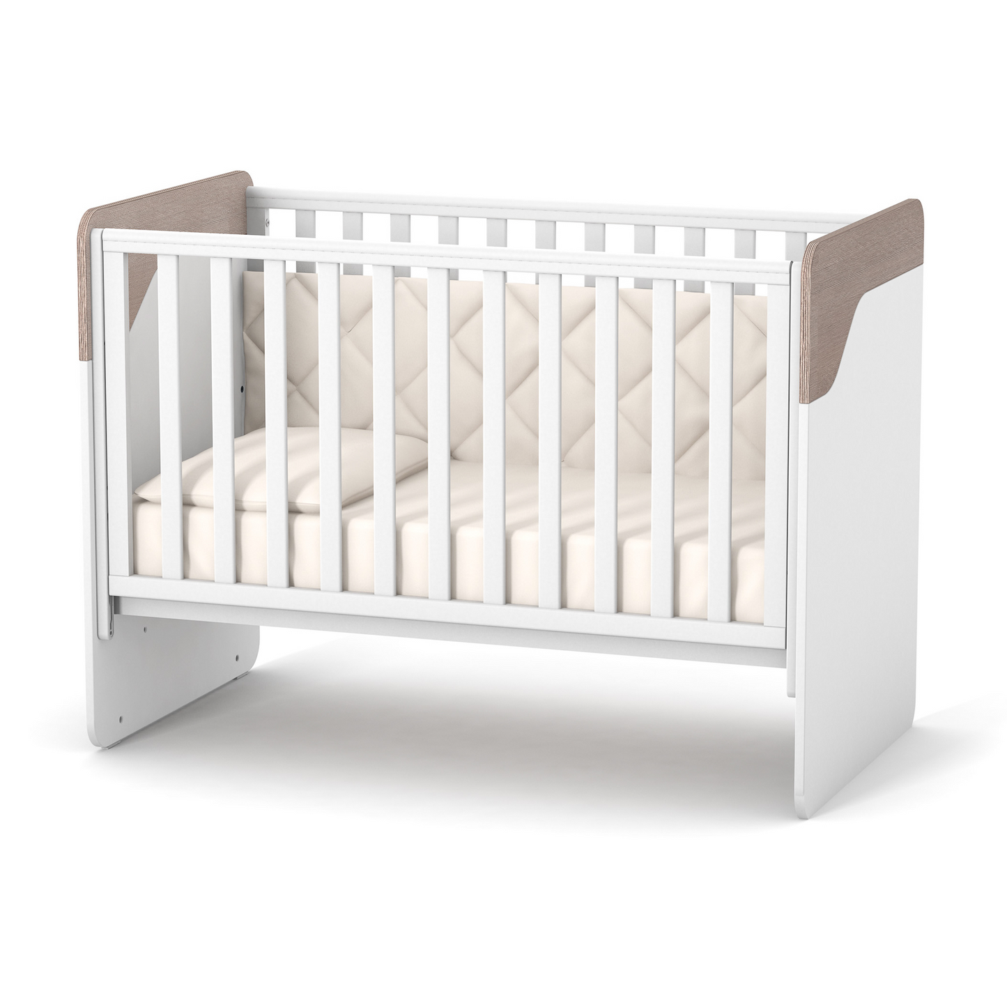Veres Sydney Babybett mit beweglicher Seitenwand in Weiß und Cappuccino (120x60 cm) – elegante Babybett-Kombination mit beweglicher Seitenwand für bequemes Wickeln und mehr Flexibilität.