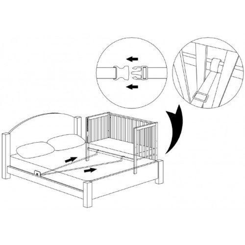 Schematische Darstellung der Befestigung des Beistellbetts Veres am Elternbett – einfache und sichere Montage.