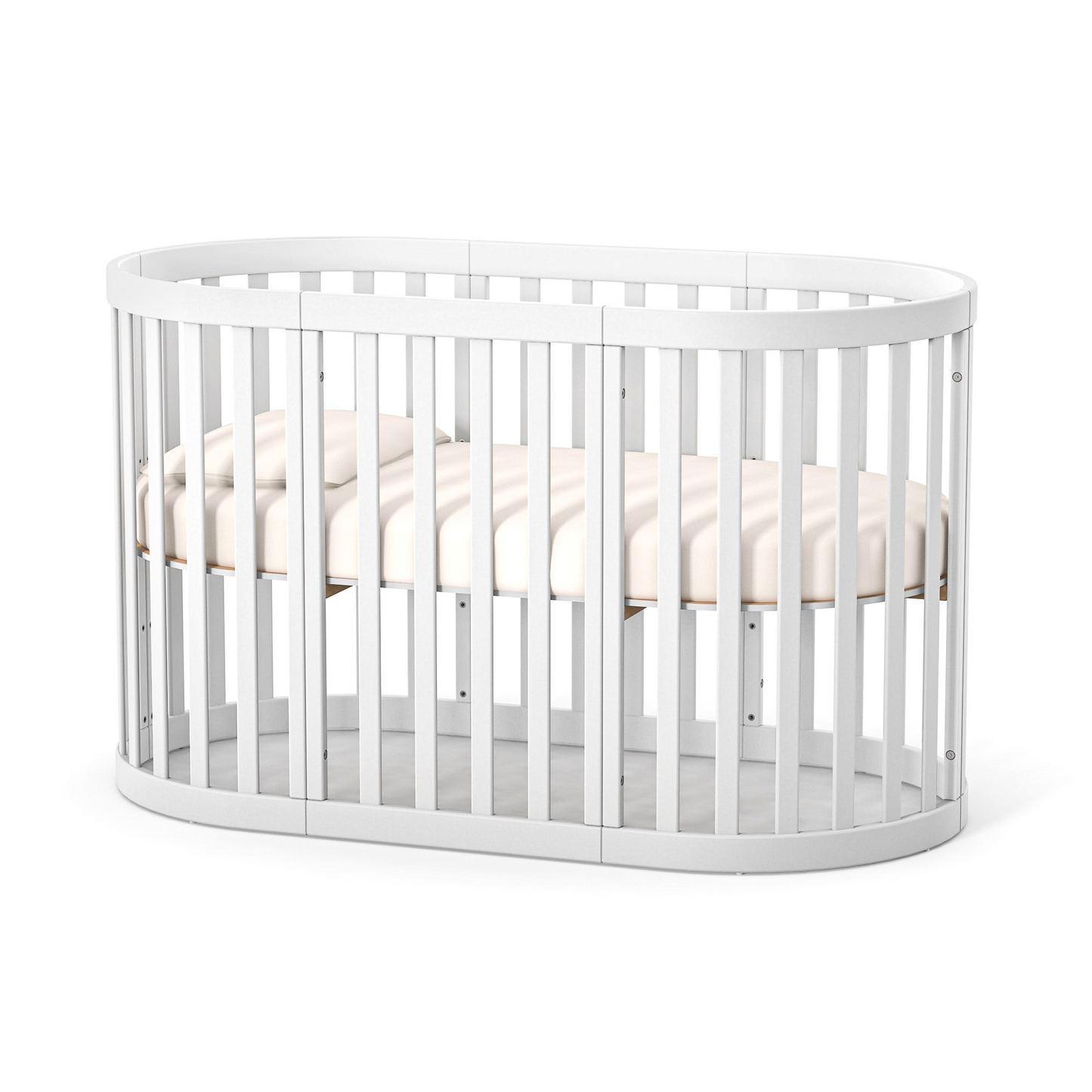 Vergrößertes ovales Babybett Veres Rom in Weiß – komfortables und geräumiges Bett für heranwachsende Kinder.