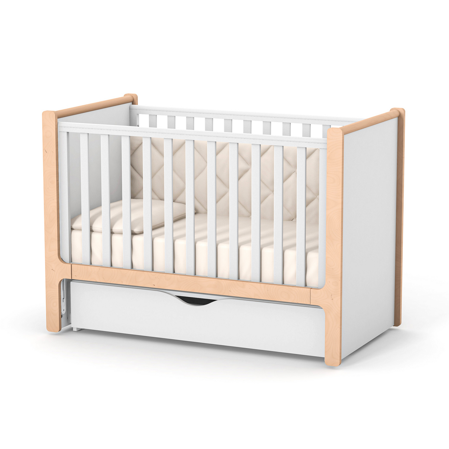 Veres Schaukelsystem mit Schublade im Veres Nice Babybett in Weiß – Das Schaukelsystem mit Schublade im Veres Nice Babybett in Weiß sorgt für eine sanfte Wiegebewegung und ergänzt das Design des Kinderzimmers.