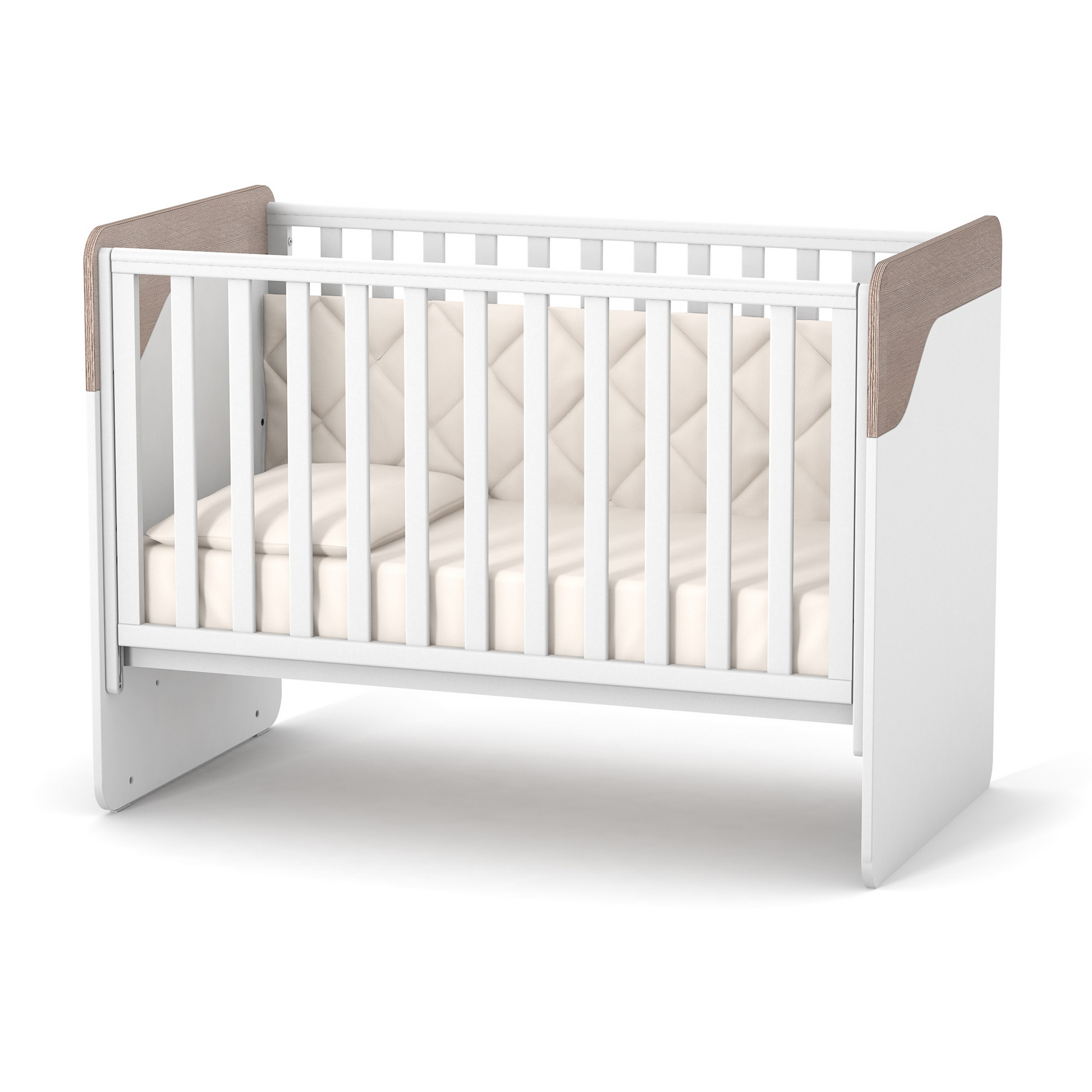 Veres Sydney Babybett mit beweglicher Seitenwand in Weiß und Cappuccino (120x60 cm) – elegante Babybett-Kombination mit beweglicher Seitenwand für bequemes Wickeln und mehr Flexibilität.