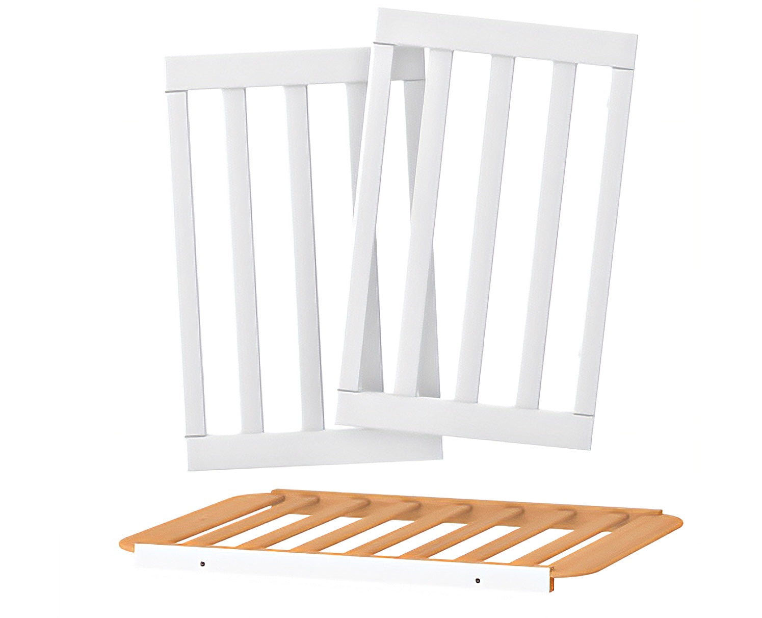 Umbausatz für das Babybett Veres Monaco – drei Elemente zur Umwandlung des Bettes von 120x60 cm auf 80x60 cm – Die drei wesentlichen Elemente: verstellbare Bettseiten, stabilisierende Teile und eine Matratzenvergrößerung, die das Babybett in die Mini-Vers