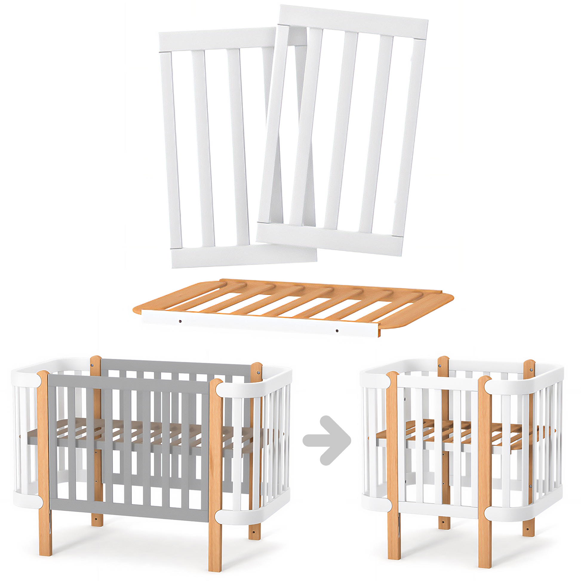 Umbausatz für das Babybett Veres Monaco – Umbausatz anbringen – Der Umbausatz wird an der Babybettstruktur befestigt, um das Bett in ein Mini-Bett umzuwandeln.