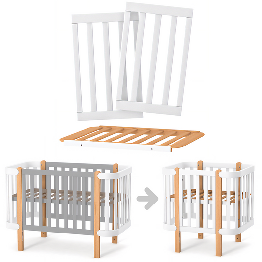 Umbausatz für das Babybett Veres Monaco – Umbausatz anbringen – Der Umbausatz wird an der Babybettstruktur befestigt, um das Bett in ein Mini-Bett umzuwandeln.