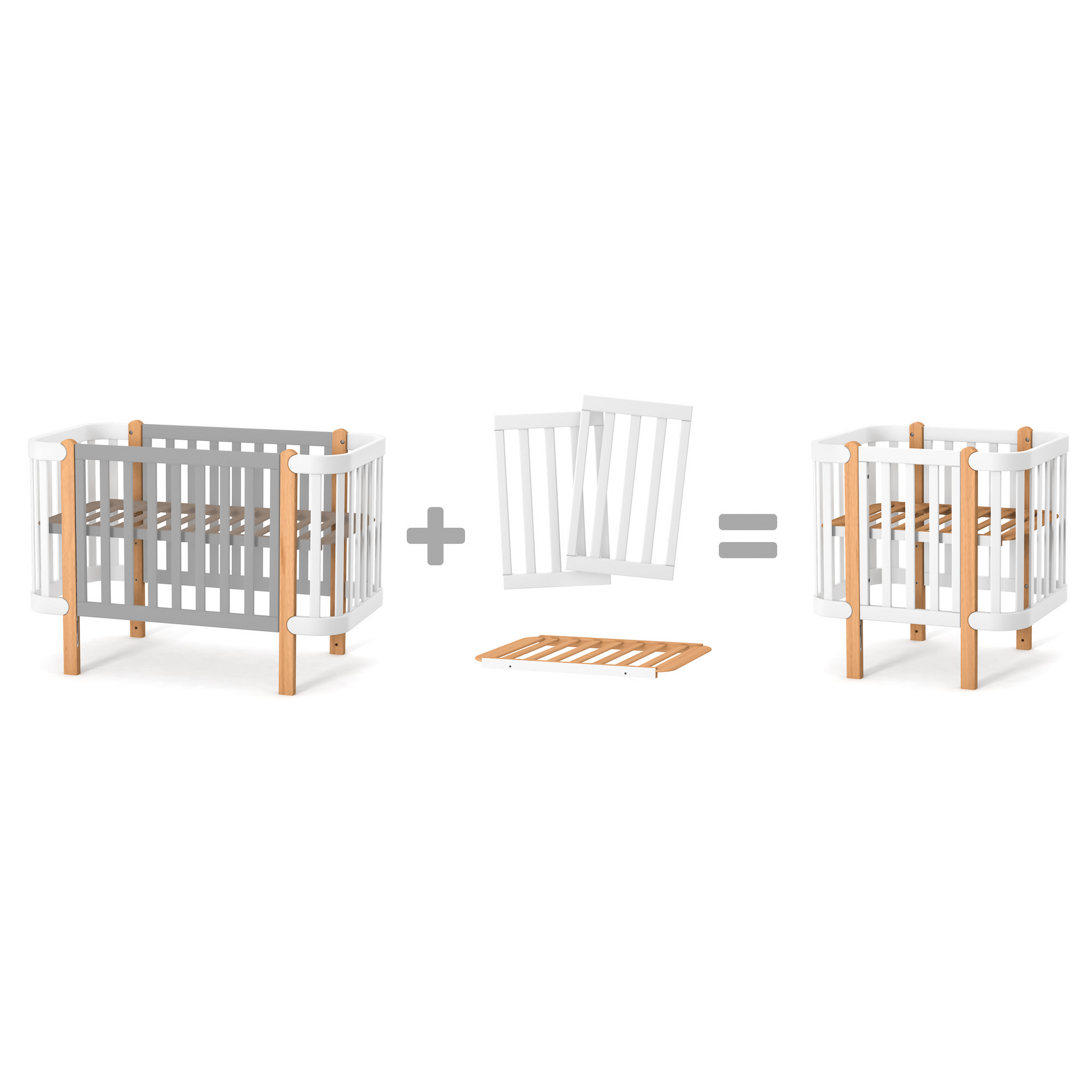 Schematische Darstellung der Umwandlung des Babybetts Veres Monaco von 120x60 cm auf 80x60 cm – Drei Elemente werden genutzt, um das Babybett in eine kompakte Mini-Version umzuwandeln.