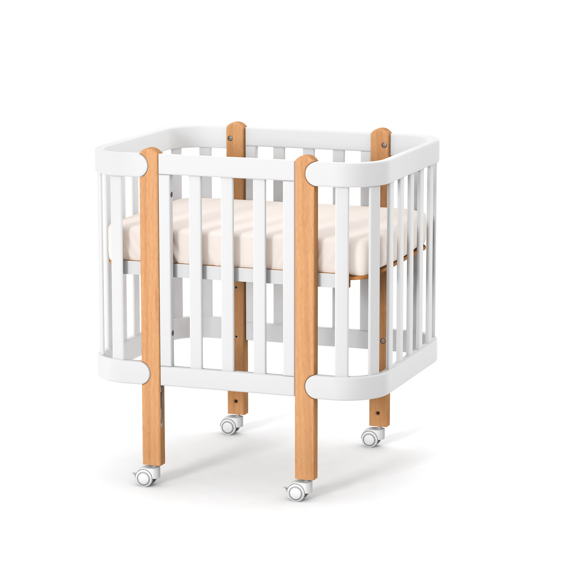Mini-Krippe Veres Monaco in Weiß und Natur (80x60 cm) – stilvolle und platzsparende Mini-Krippe für das Kinderzimmer.