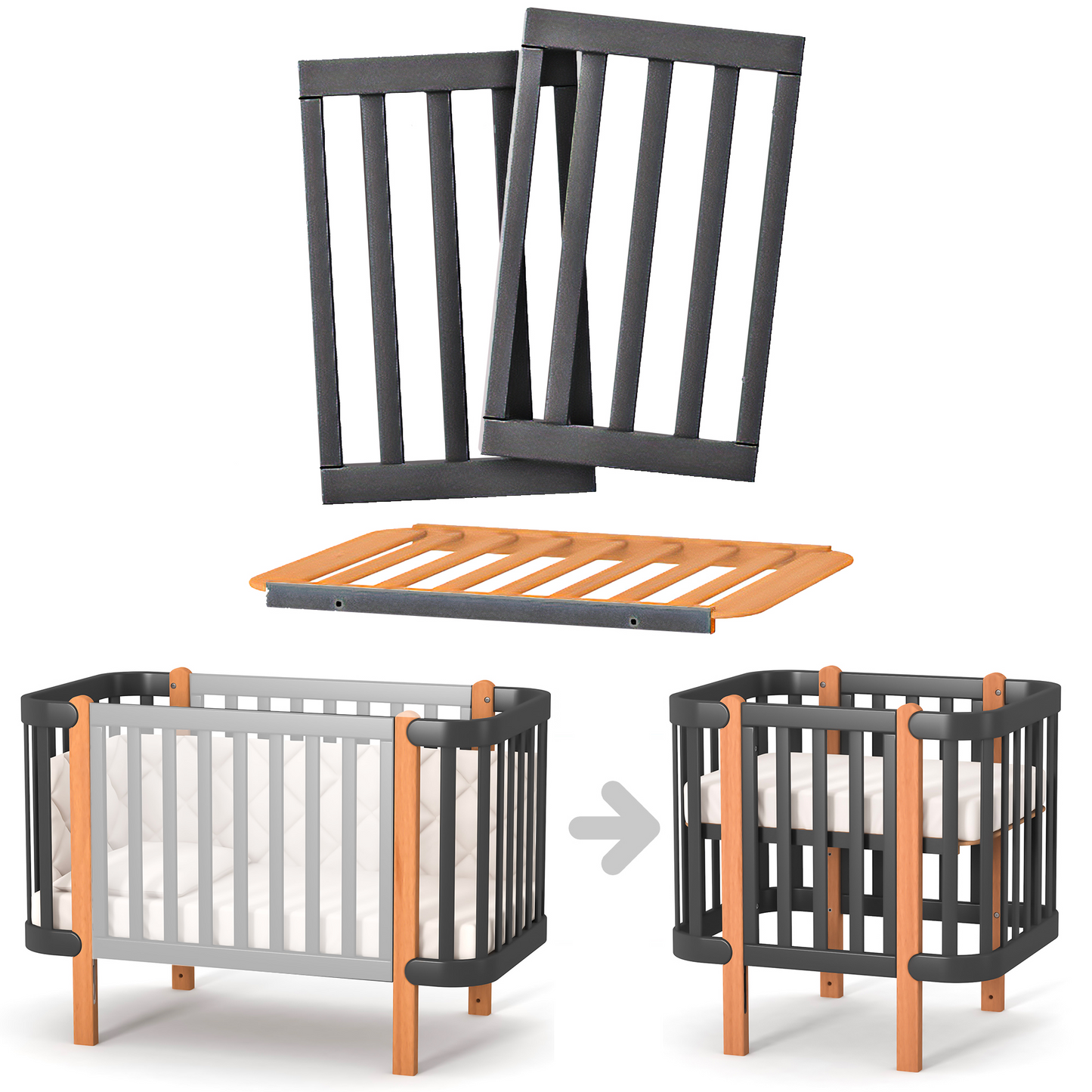 Umbausatz für das Babybett Veres Monaco in Anthrazit und Natur – praktischer Umbausatz, der das Babybett in ein Mini-Bett verwandelt.