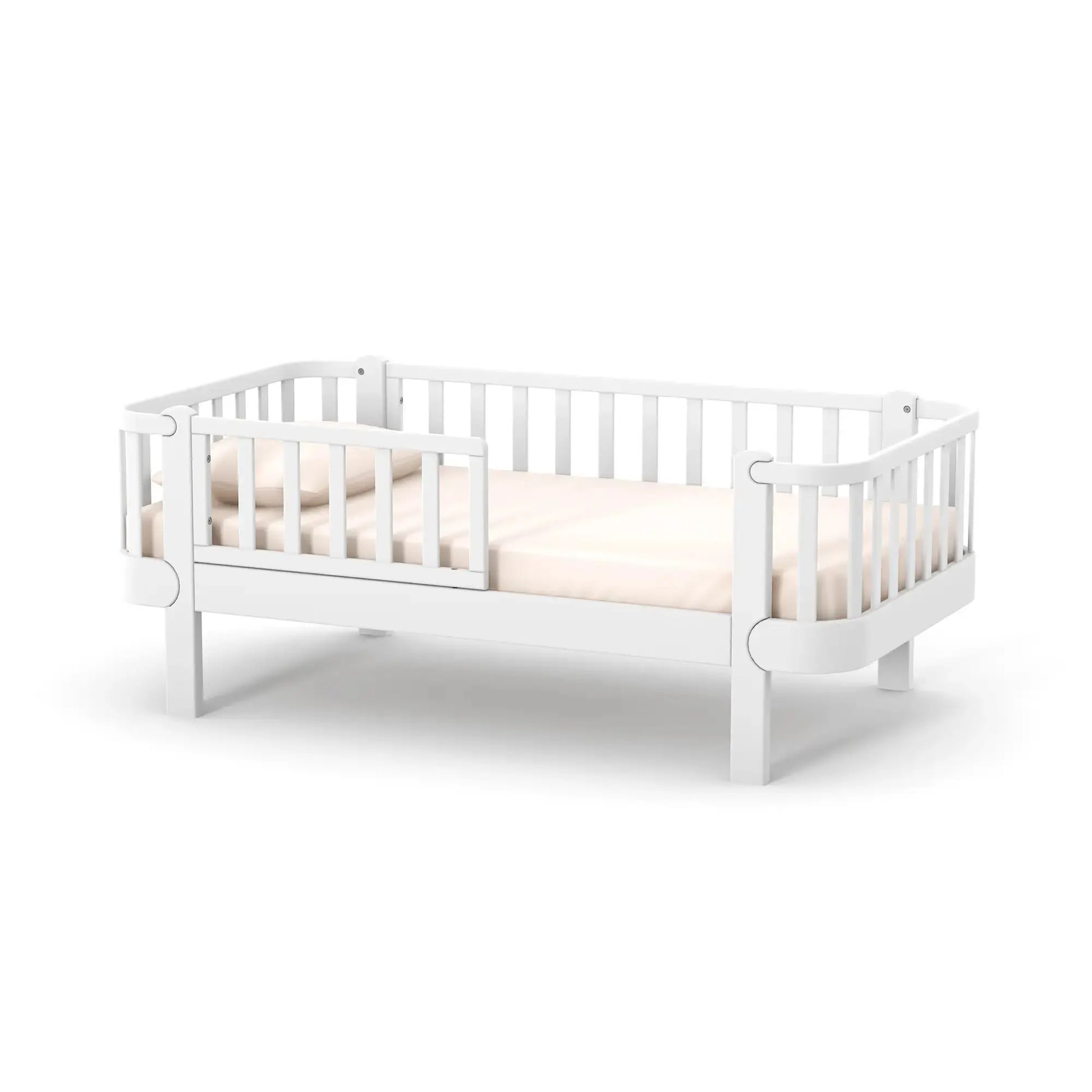 Veres Monaco 160 Jugendbett aus massiver Buche in Weiß. Zeitloses Design mit gepolstertem Velours-Kopfteil für höchsten Komfort.