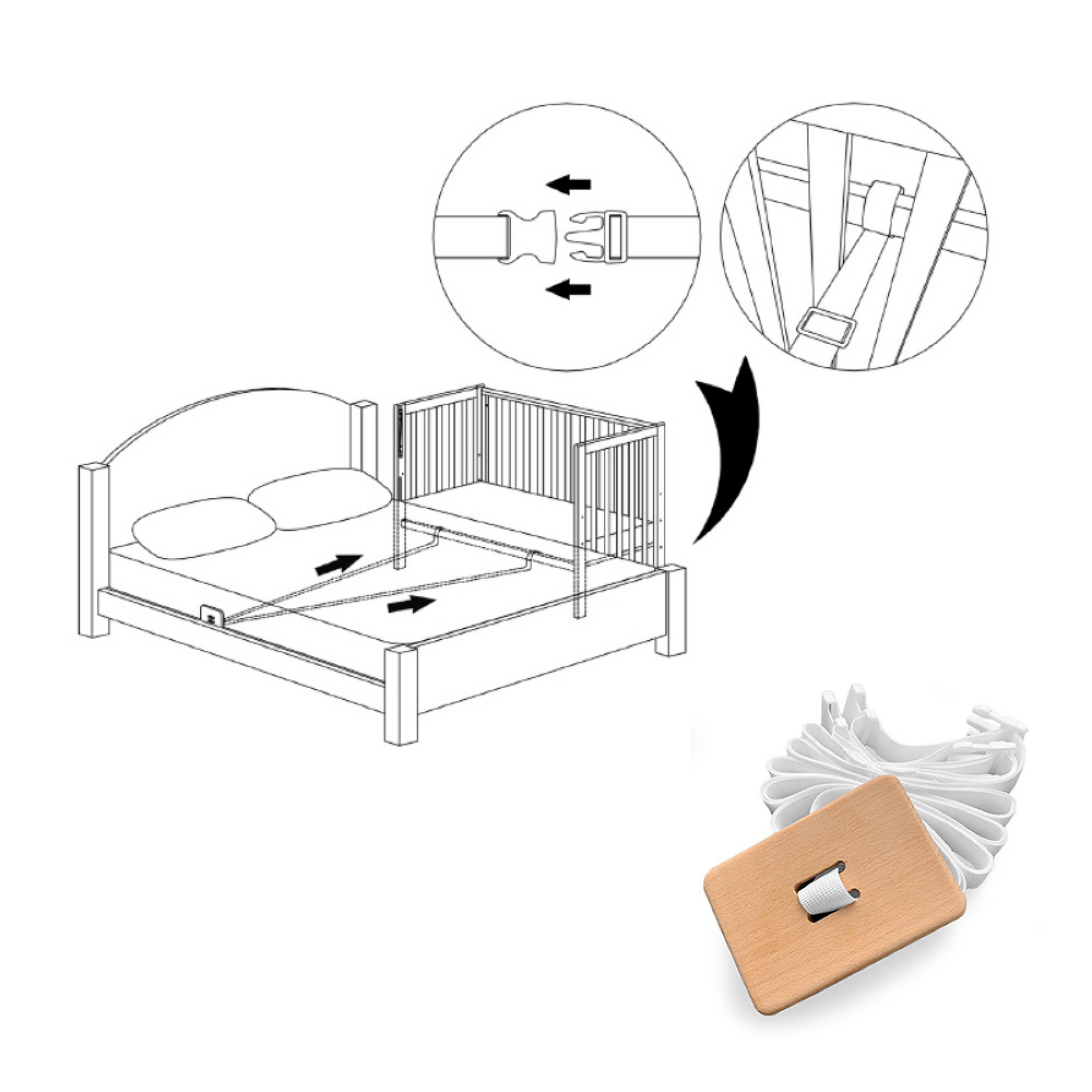 Schematische Darstellung der Befestigung des Beistellbetts Veres an einem Elternbett – einfache und sichere Montage.