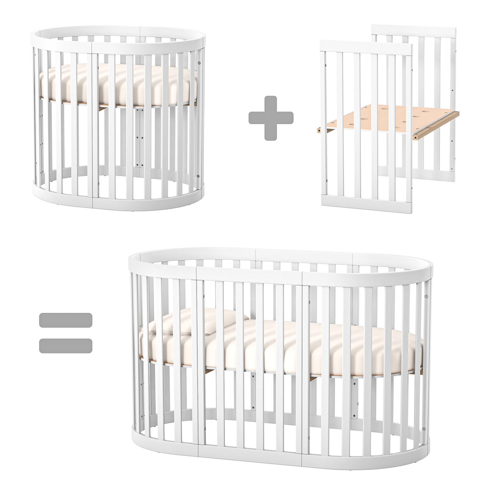 Veres Rom Ovale Babybett, Weiß, erweiterbar auf 140x70 cm, wächst mit dem Kind mit