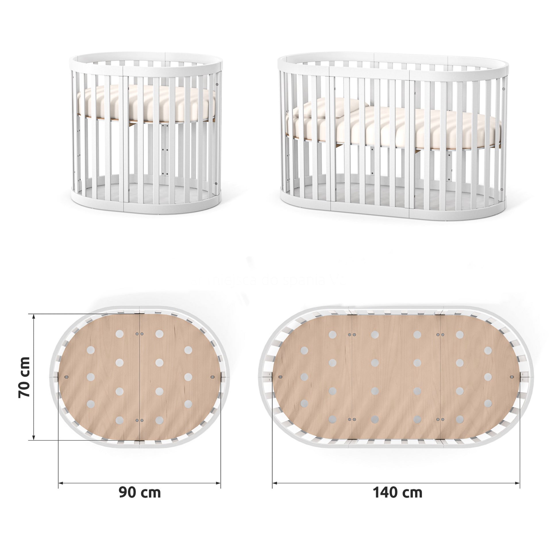 Veres Rom Ovale Kinderbett, Schlafplatz in 90x70 cm und erweiterter Schlafplatz in 140x70 cm, zeigt den Wandel der Größe für das wachsende Kind
