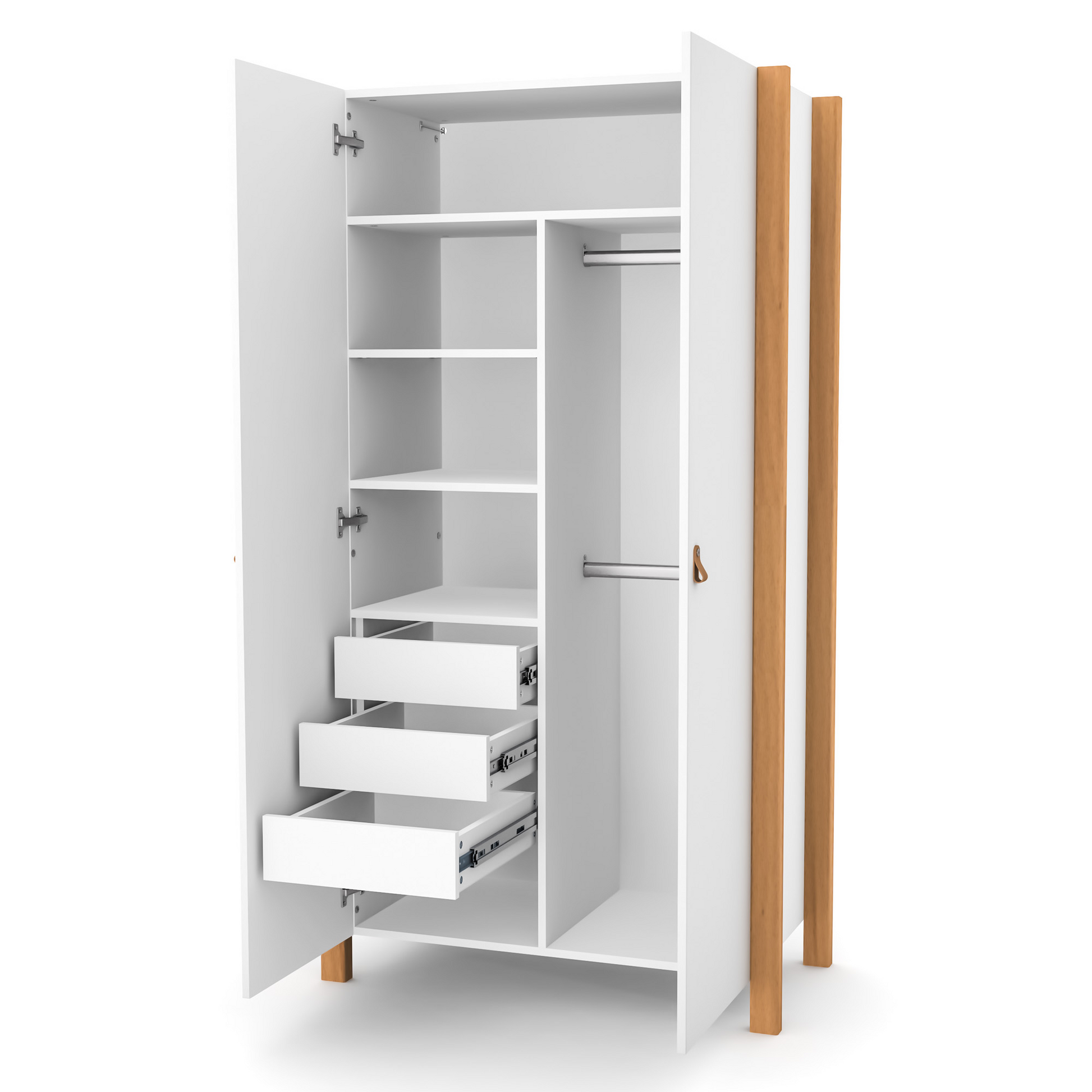 Geöffneter Veres Monaco 960 Kinderkleiderschrank in Weiß. Geräumiges Innenleben mit Kleiderstange, Regalfächern und praktischer Aufteilung für optimale Ordnung.