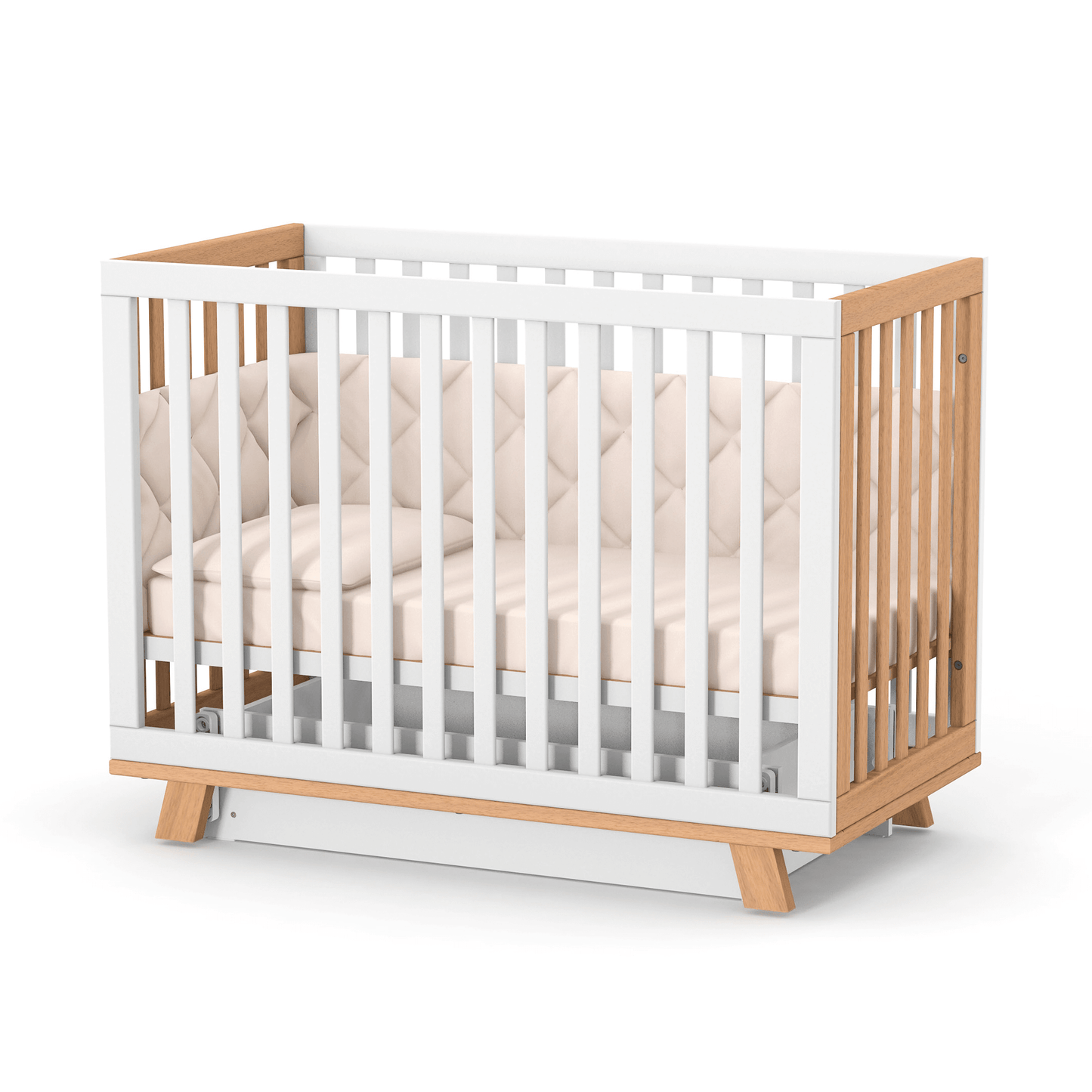 Veres Manhattan Babybett 120x60 cm in Weiß Natur. Schlichtes und modernes Design mit natürlichen Holzakzenten für eine elegante Schlafumgebung für das Baby.