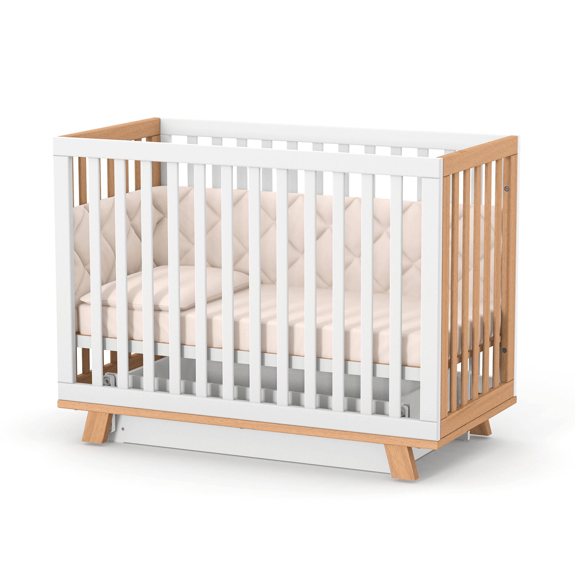 Veres Manhattan Babybett 120x60 cm in Weiß Natur. Schlichtes und modernes Design mit natürlichen Holzakzenten für eine elegante Schlafumgebung für das Baby.