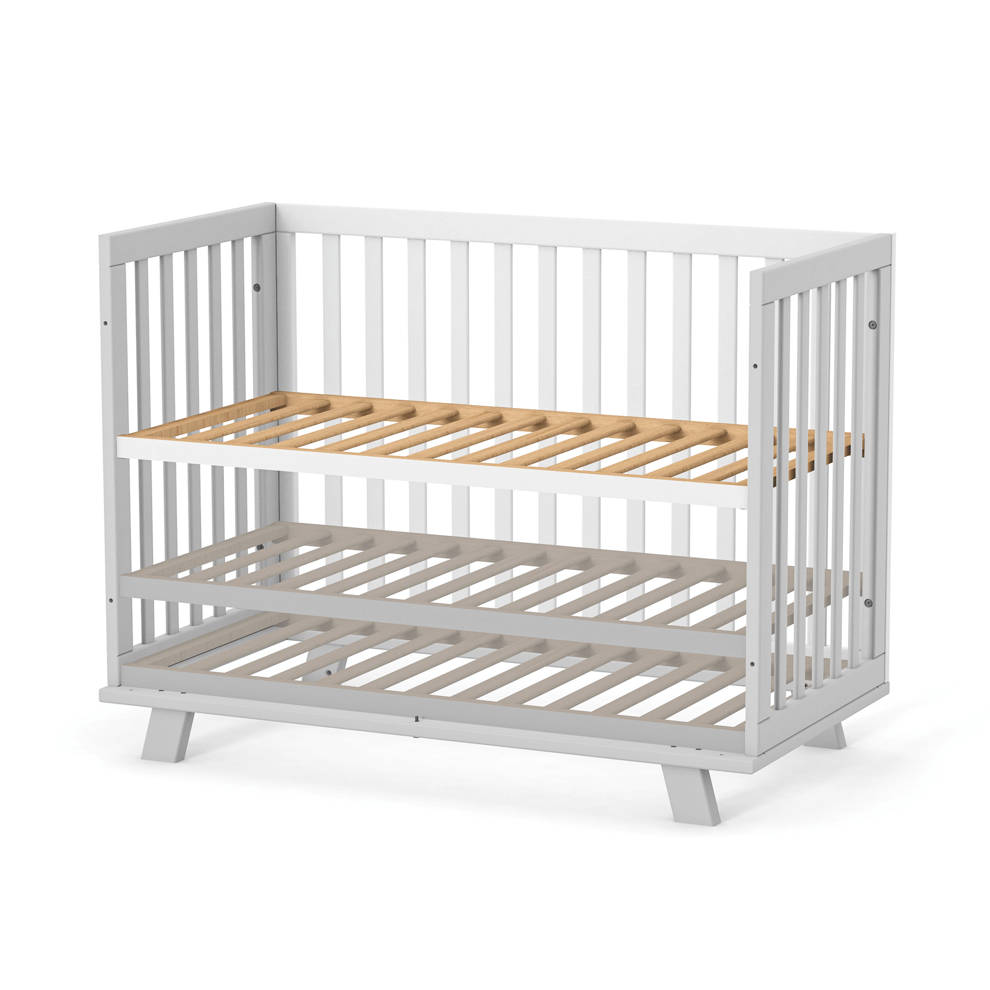 Veres Manhattan Babybett 120x60 cm in Weiß Grau, mit verstellbarer Lattenrosthöhe. Die flexible Einstellung ermöglicht eine Anpassung an das Wachstum des Babys und sorgt für optimalen Komfort.