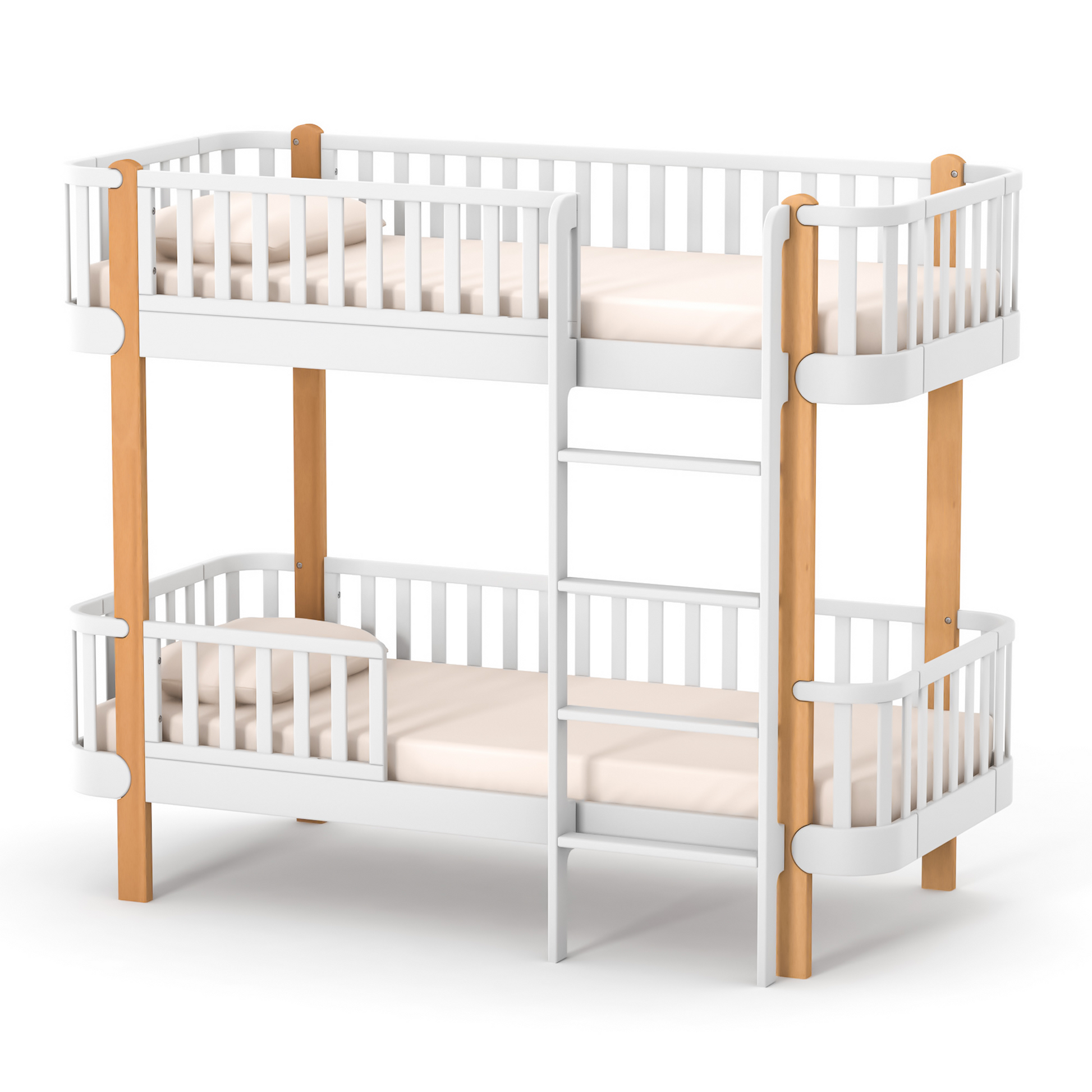 Veres Monaco 190 Etagenbett in Weiß Natur. Harmonische Kombination aus weißem Korpus und natürlichen Holzakzenten für ein gemütliches Kinderzimmer.