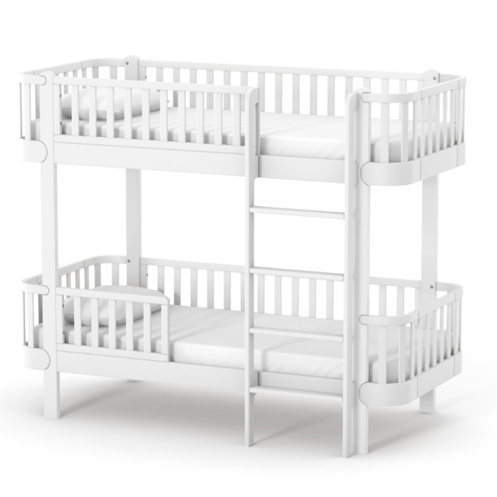 Veres Monaco 190 Etagenbett für Kinder und Jugendliche in Weiß. Zeitloses Design aus massiver Buche mit sicherem Rausfallschutz und integriertem Stauraum.
