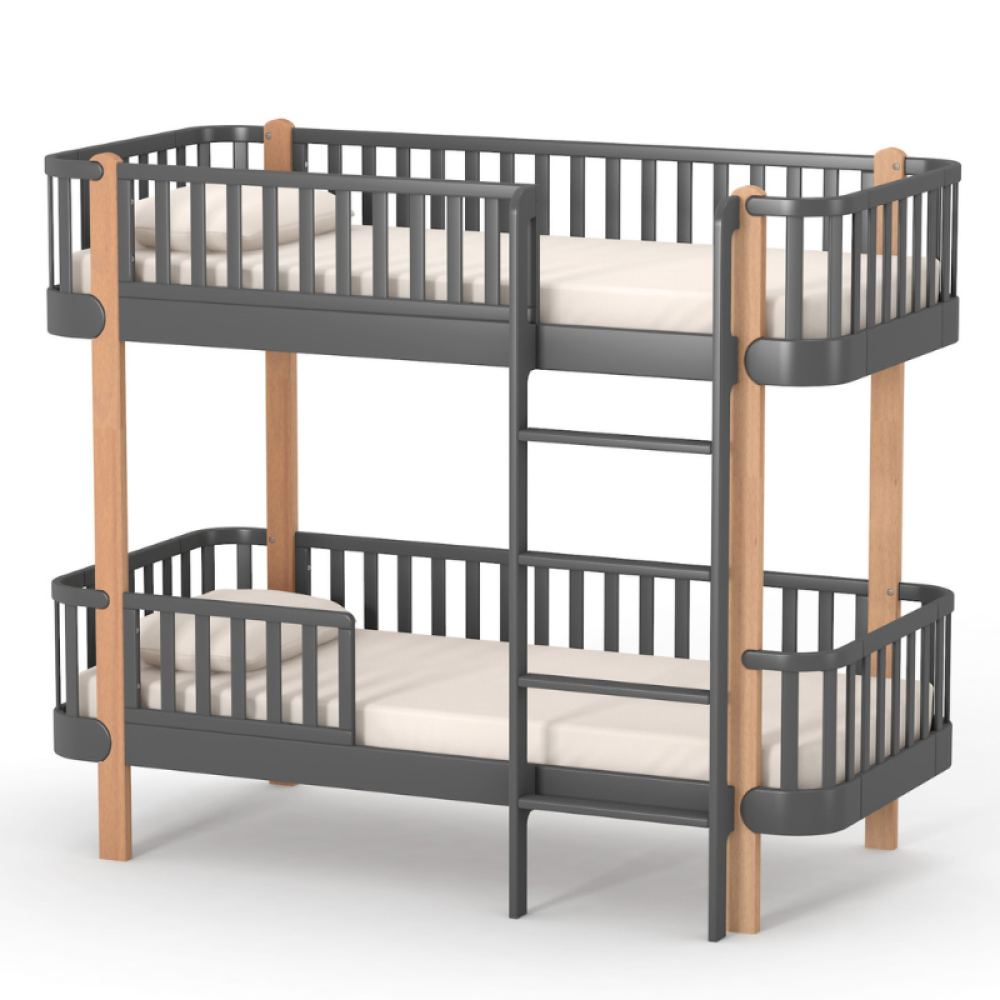Veres Monaco 190 Etagenbett in Anthrazit Natur. Kontrastreiches Design mit dunklem Korpus und natürlichen Holzdetails für einen modernen Look.