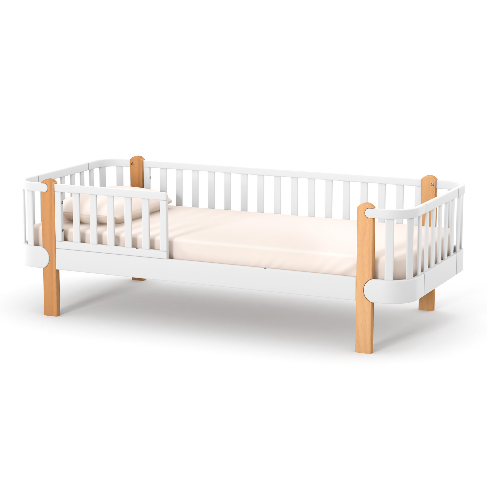 Veres Monaco 190 Jugendbett in Weiß Natur. Elegante Kombination aus weißem Rahmen und warmen Holzakzenten für eine natürliche Wohnatmosphäre.