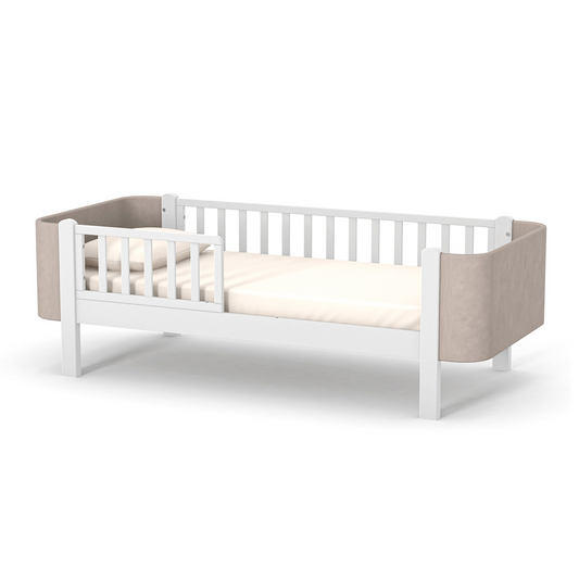 Veres Monaco Velour 190 Jugendbett aus massiver Buche in der Farbe Cappuccino. Elegantes Design mit gepolstertem Velours-Kopfteil für maximalen Komfort.