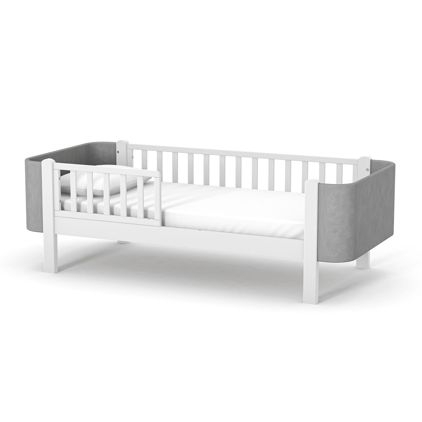 Veres Monaco Velour 190 Jugendbett aus massiver Buche in Grau. Stilvolles, weiches Velours-Kopfteil für eine gemütliche Atmosphäre im Jugendzimmer.