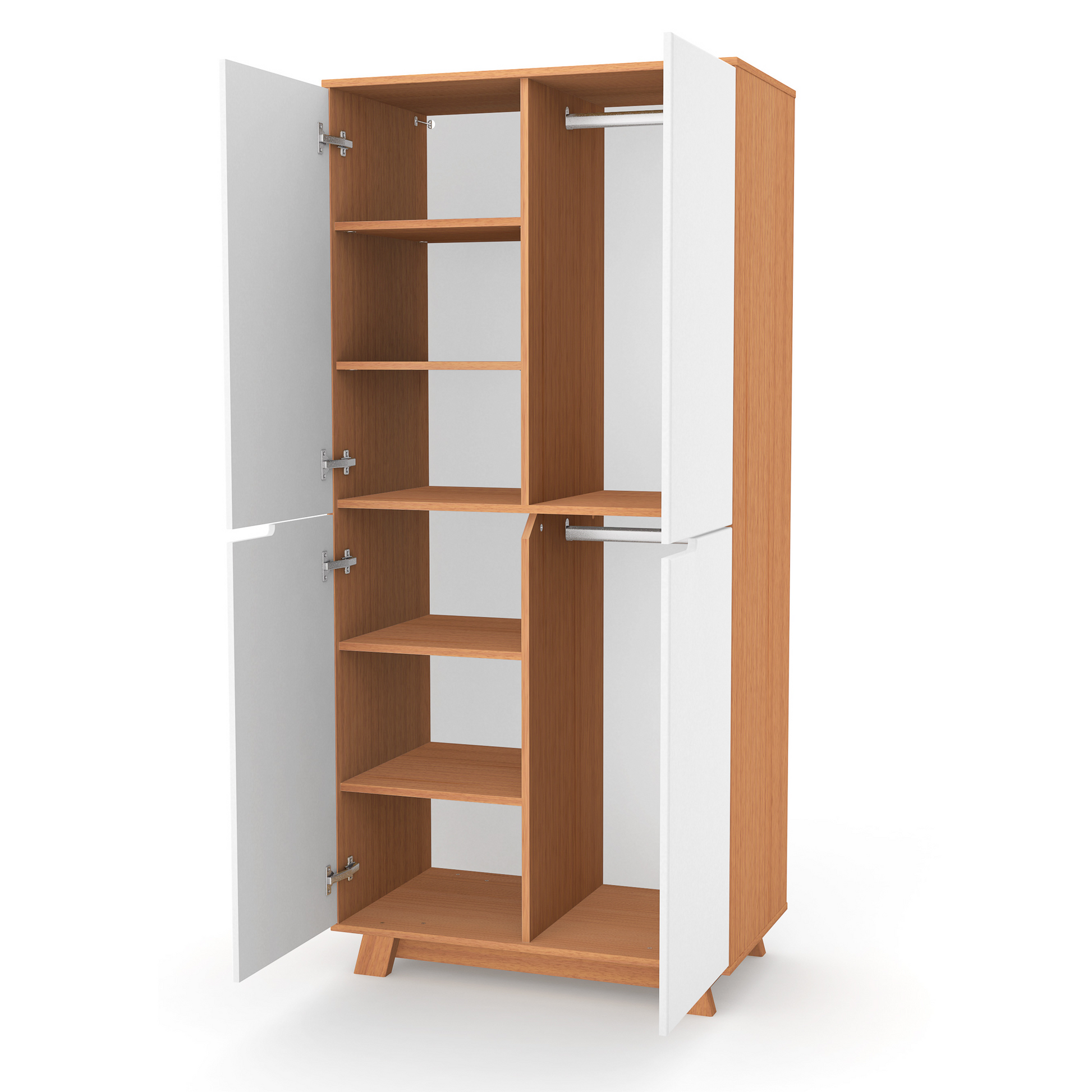 Geöffneter Veres Manhattan 850 Schrank, zeigt Stauraum mit Regalen und zwei Kleiderstangen.