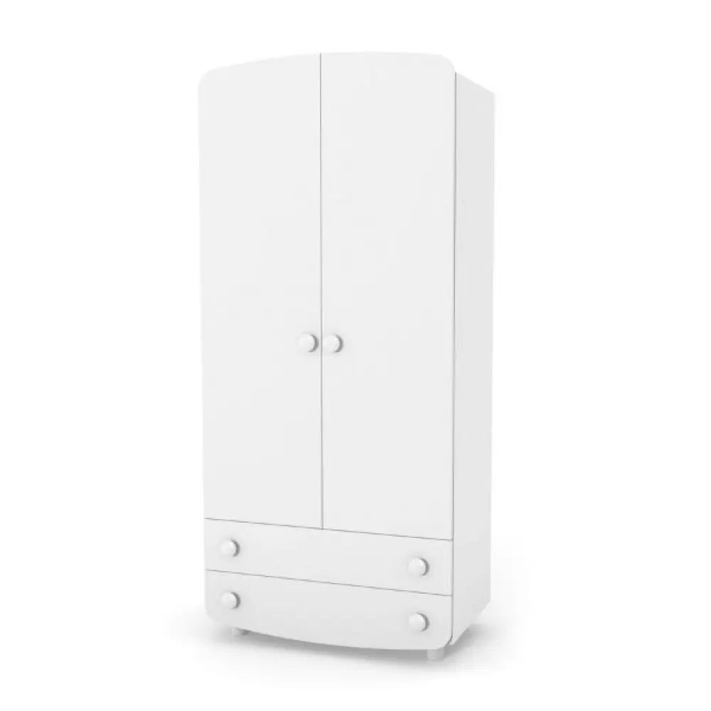 Schrank Veres aus Spanplatte mit 2 Schubladen, 2 Türen und einem modernen Design in Weiß.