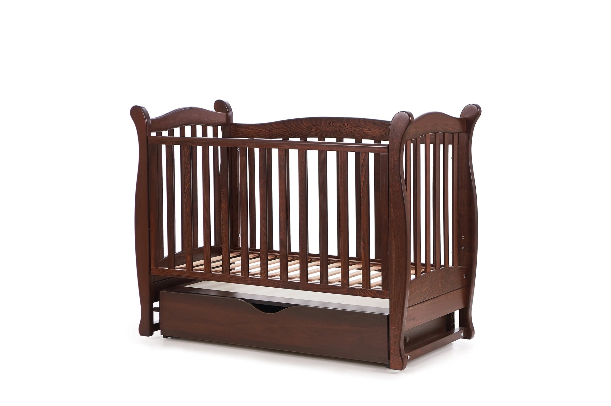 Veres LD15 Babybett (120x60 cm) Klassisches Modell aus Holz in dunklem Holzfinish mit Schublade.